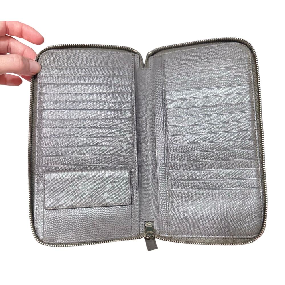 Auth Prada Grey Saffiano Leather Double Zip Travel Organizer Wallet Large - Picture 9 of 16